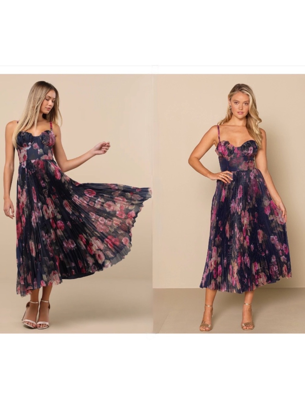 NWT Lulus Alluring Invite Midnight Blue Floral Pleated Bustier Midi Dress N